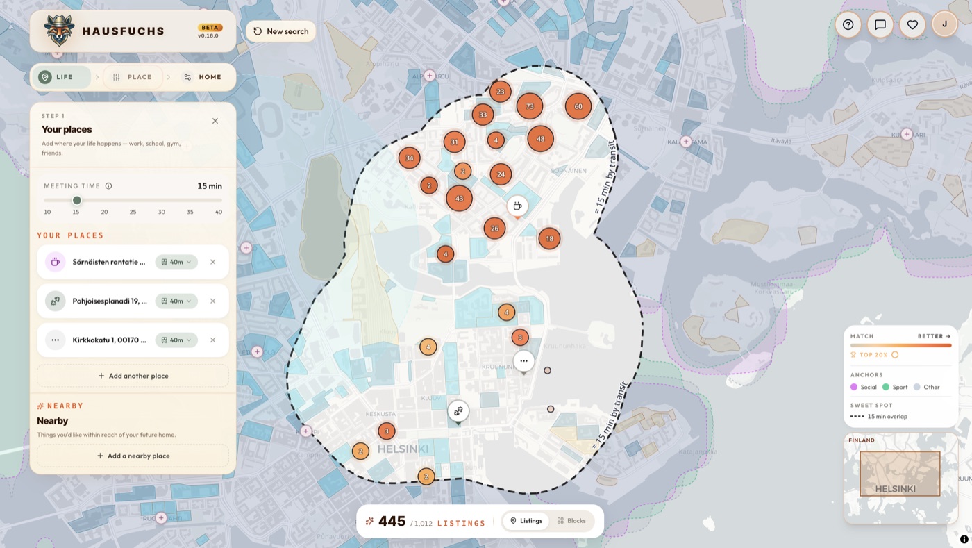 Hausfuchs console: matched listings on a live Helsinki map